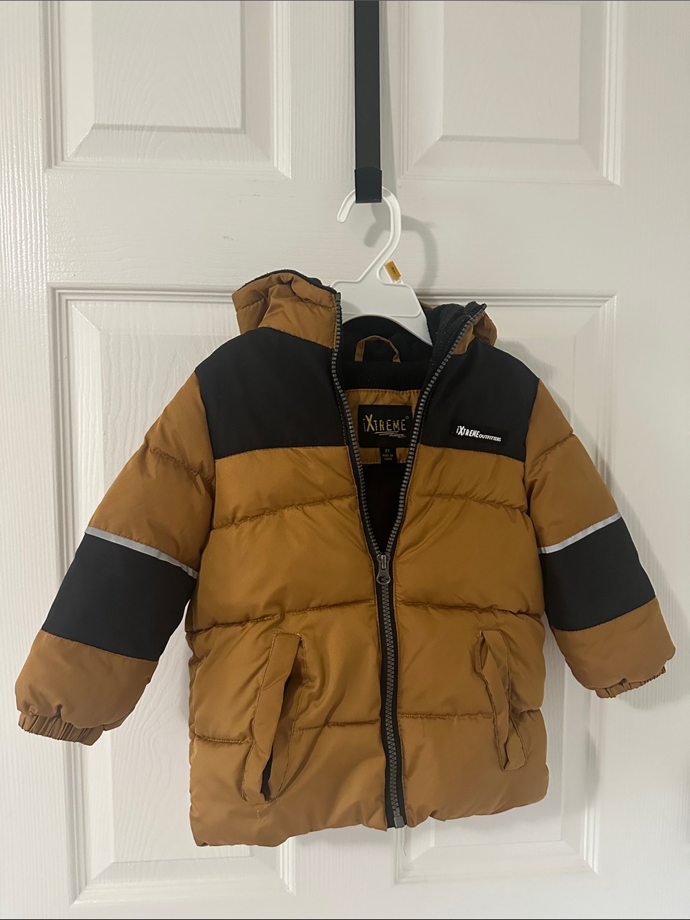 Kids' Brown and Black Insulated Puffer Jacket with attached hood.